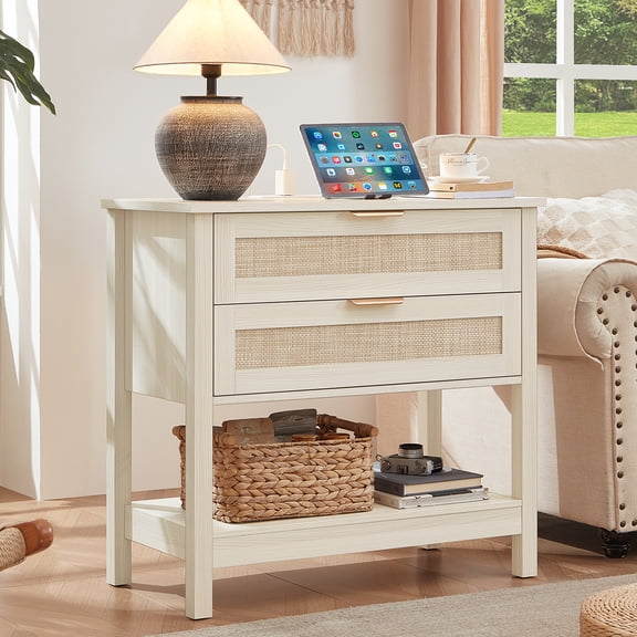 LELELINKY Modern Boho Rattan Nightstand with Charging Station & 2 Drawers - 31.7 Inch Wide Tall Bedside Table for Bedroom, Storage End Table for Living Room, Hallway
