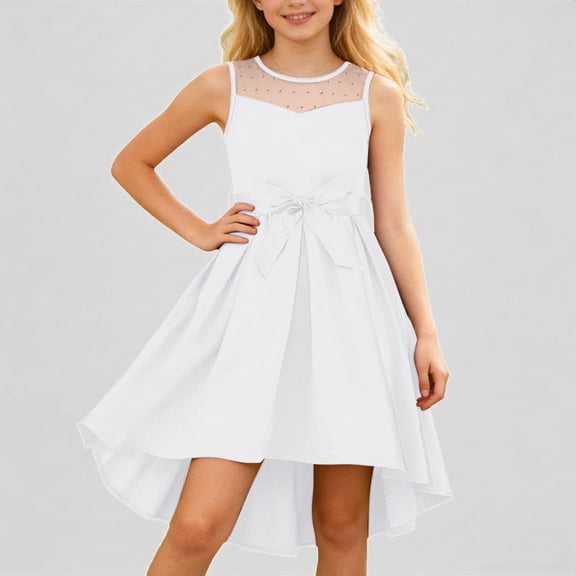 REDARER Girls Sleeveless Formal Dress Mesh Rhinestone Neckline Satin Bow Belt High Low Hem Party Gown for Wedding Flower Girl Occasion,7-8 Years