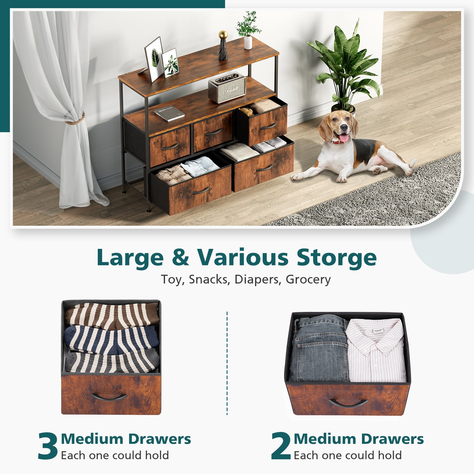 Aukfa 5 Drawer Dresser,Wide Chest of Drawers for Bedroom with Metal Frame for TV,Brown