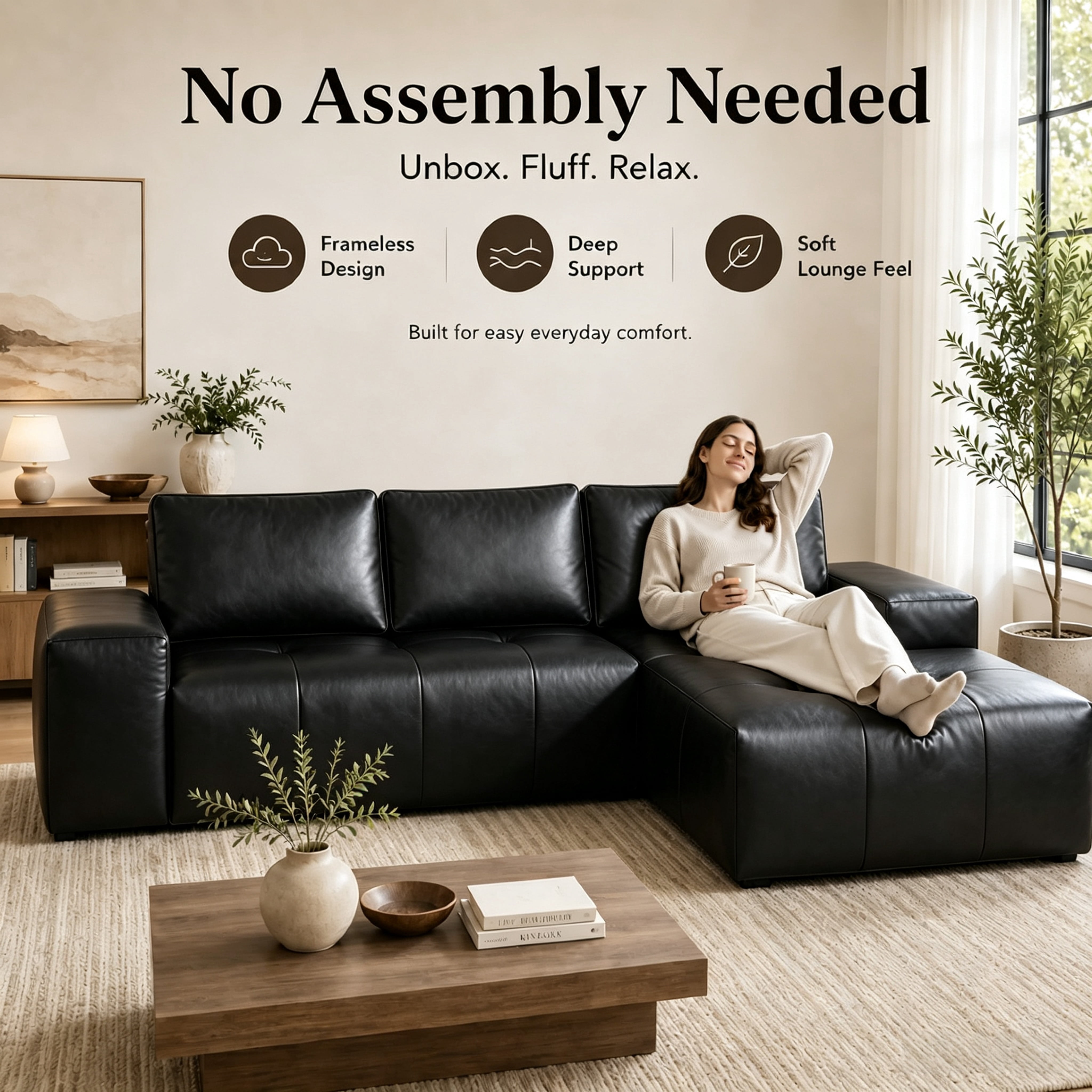 Aenkyo 114" Faux Leather L-Shaped Sectional Sofa with Right Hand Chaise, Boneless Modular Couch, Black