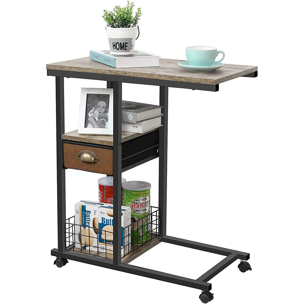 Large C shape mobile sofa side table with drawer, 23.63''L X 13.77''W X
