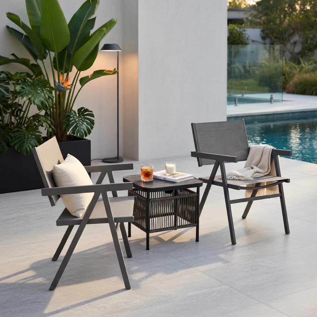 Hommoo 4-Pack Outdoor Patio Dining Chairs, Breathable Fabric Seat, Powder-Coated Metal Frame, Fade-Resistant & Ergonomic for Patio, Poolside & Backyard, Gray