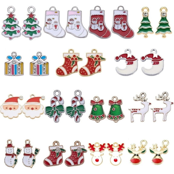 1 Box 30Pcs 15 Styles Christmas Enamel Charms Pendant for Necklace Bracelet Earring Jewelry Making Christmas Tree Decoration Xmas Tree Snowflake Snowman Reindeer Charms Silver Golden Tone