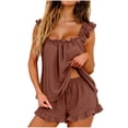 thumbnail image 3 of Women's Sleeveless Pajama Set, Ruffle Trim Cami Top and Shorts 2 Piece Set, Summer Sleepwear, Loungewear for Women, Home Wear, Vacation and Casual Outfits-Brown, 3 of 9
