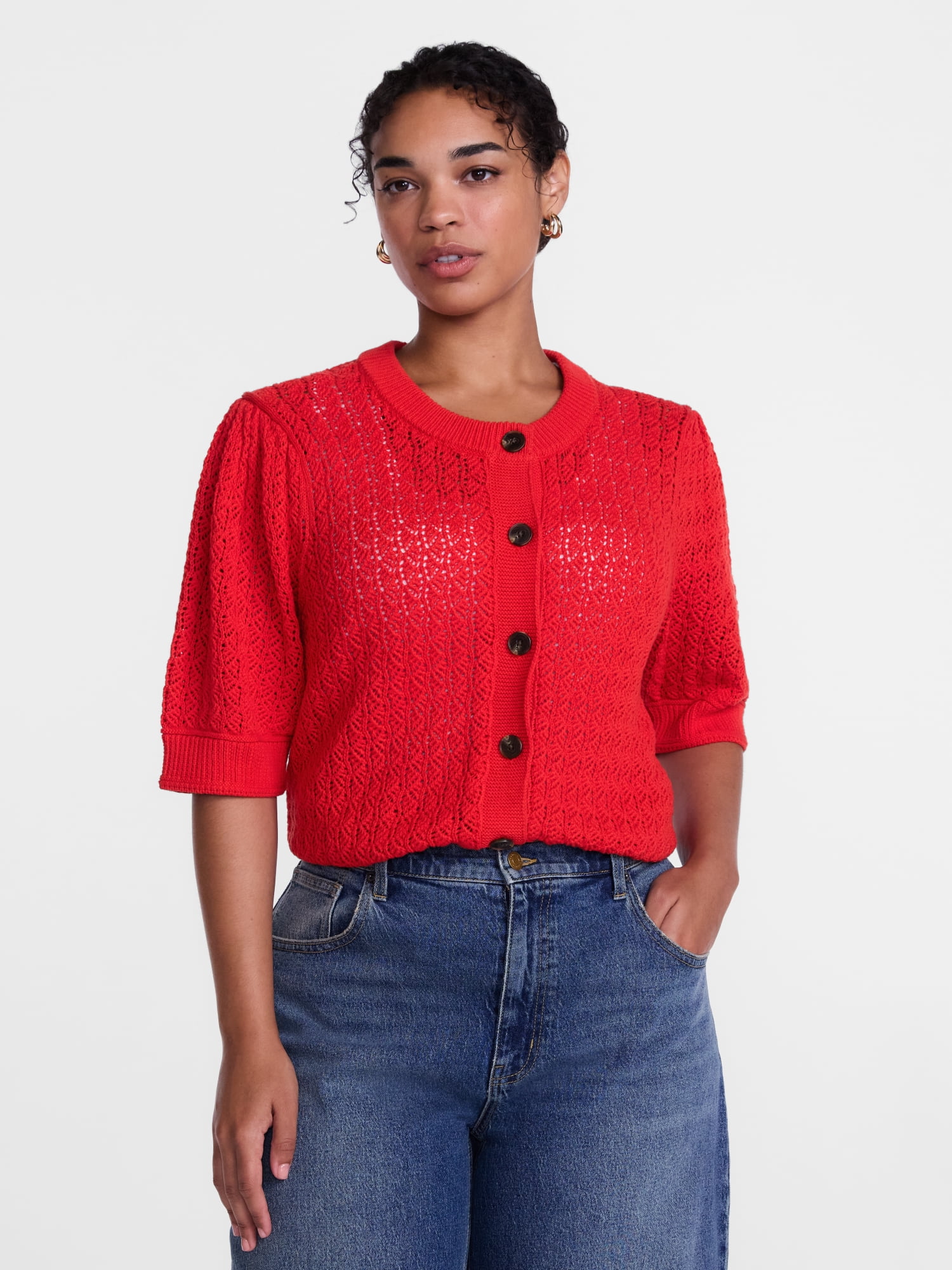 Scenario Women's and Women's Plus Crewneck Cardigan with Short Sleeves, Lightweight, Sizes XS-4X