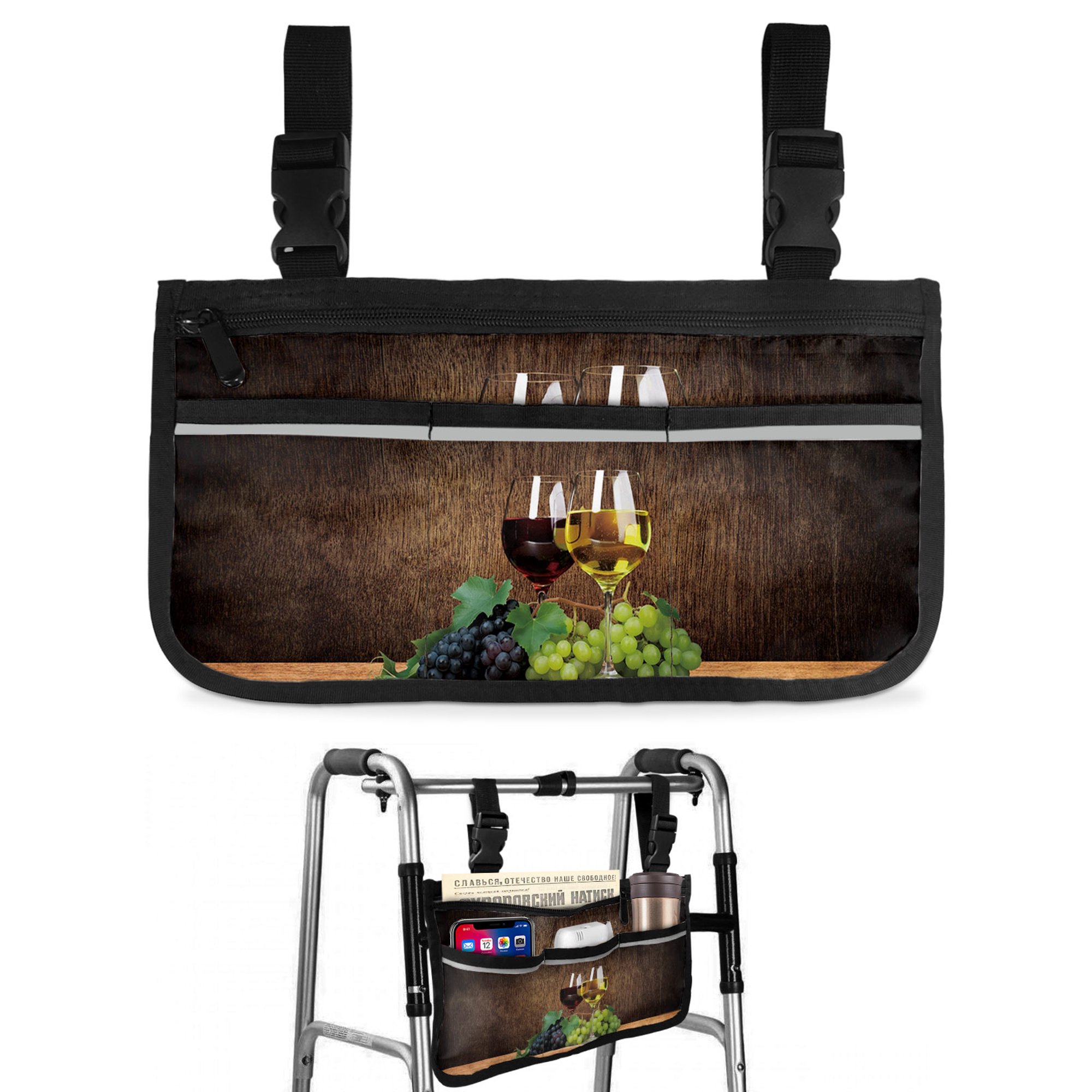 Vintage Wine Glass Wheelchair Side Bag with Cup Holder, Purple Green Grapes Brown Wood Board Farms Wheelchair Armrest Bag Storage Pouch Adults, Seniors for Walkers, Rollator, Scooter