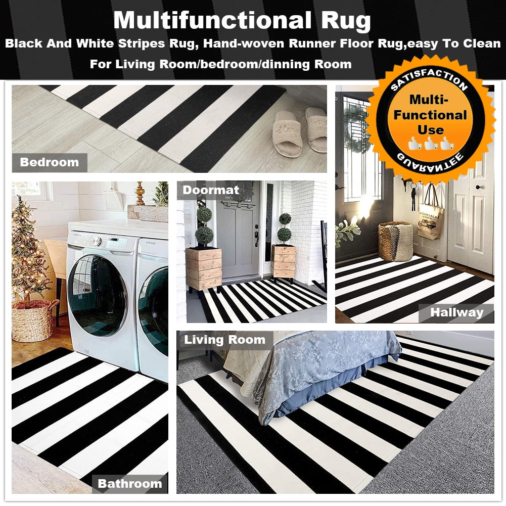 KaHouen Black and White Striped Rug 35.4 x 59 Inches, Indoor Front Porch Stripe Rug, Woven Washable Hand-Woven Stripe Outdoor Rugs for Layered Door Mats, Front Porch,Farmhouse,Kitchen…