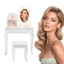 Kids Vanity Set, White Toddler Makeup Vanity Table with Stool, Lights, Mirror, Play Makeup Set, Drawer, 2 Open Storage Shelves, Wooden Little Princess Dressing Table for Children, White