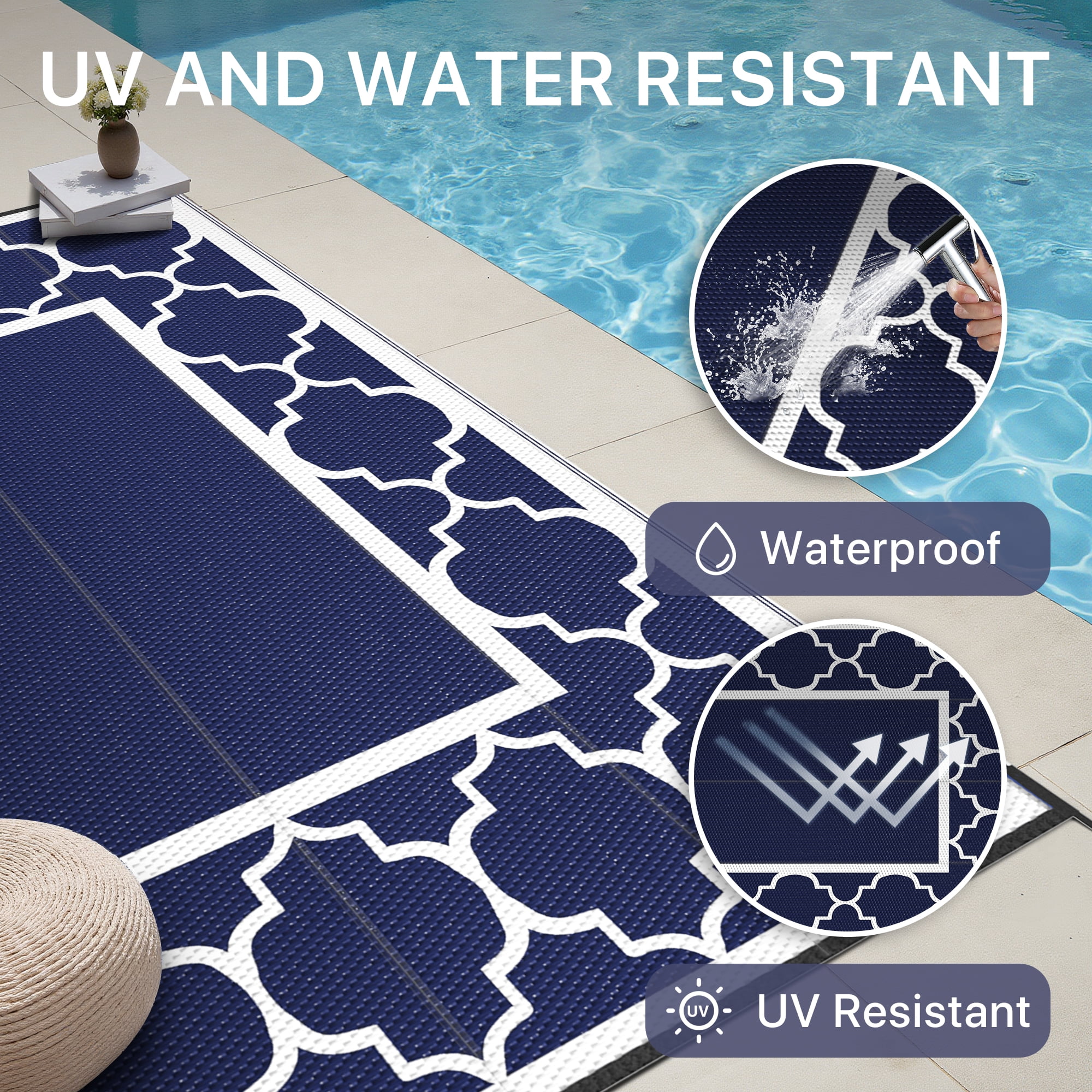 DEORAB Outdoor Rugs Waterproof Plastic Straw Mat 6'x9' Reversible Patio Deck Beach Blue & White