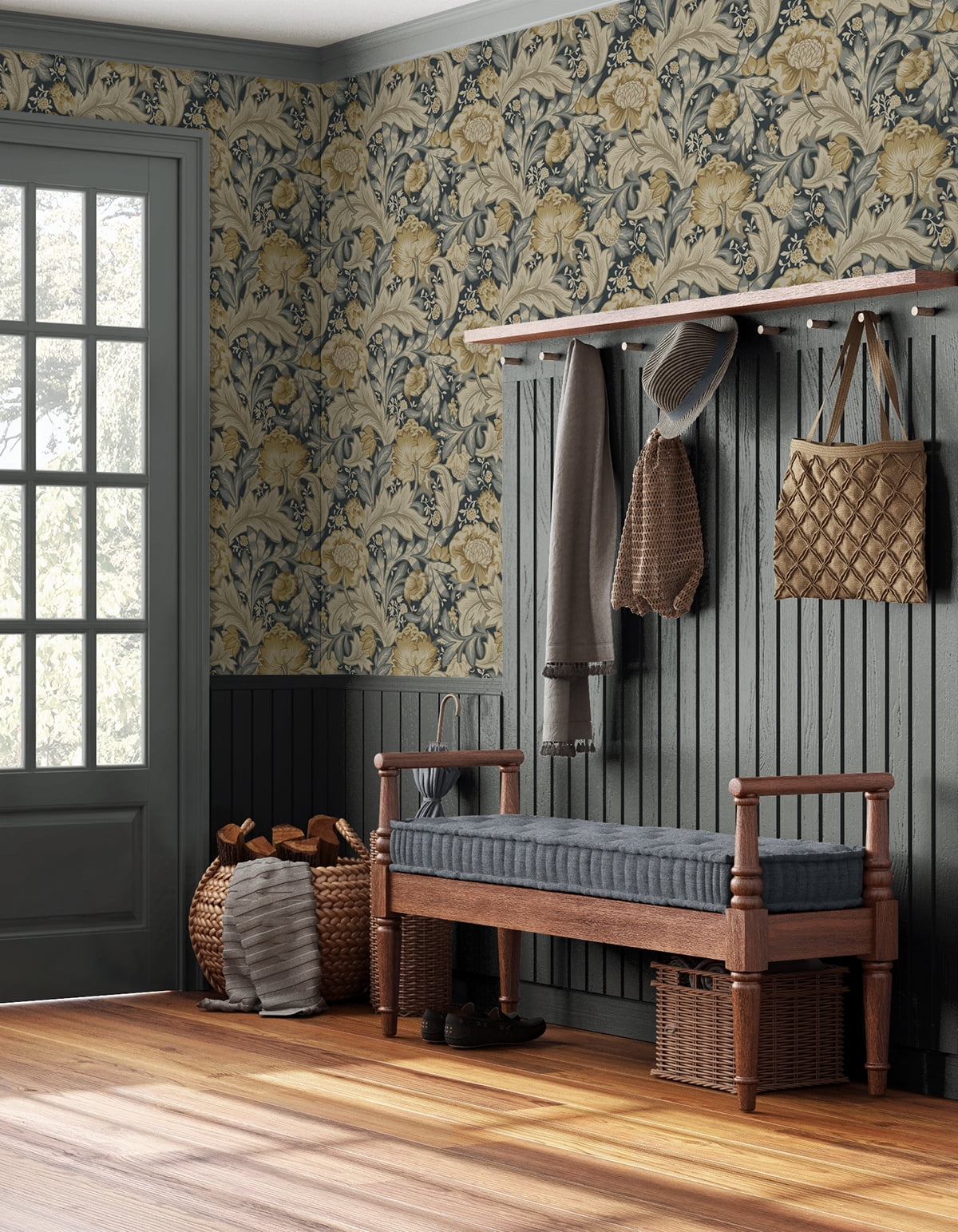 NextWall Midnight Blue & Neutral Acanthus Garden Floral Peel and Stick Wallpaper - 20.9 in. W x 18 ft. L Roll