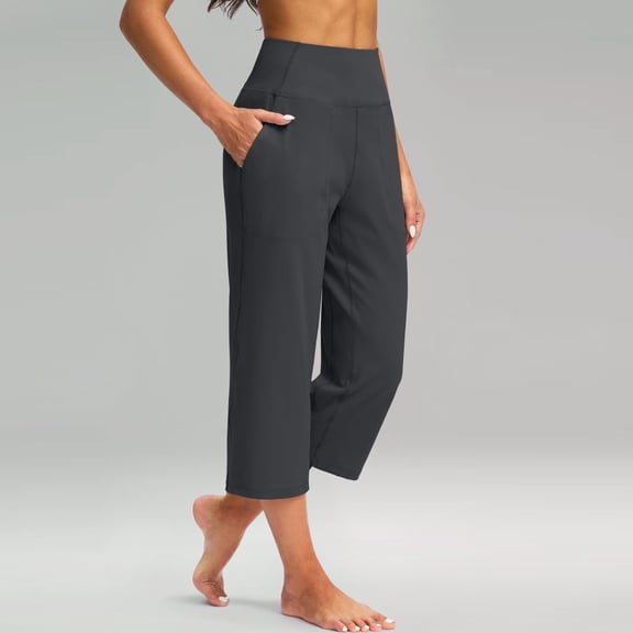 TQWQT Capri Pants for Women Summer Wide Leg Crop Pants with Pockets Tummy Control Yoga Capris High Waist Workout Cropped Pants Dark Gray M