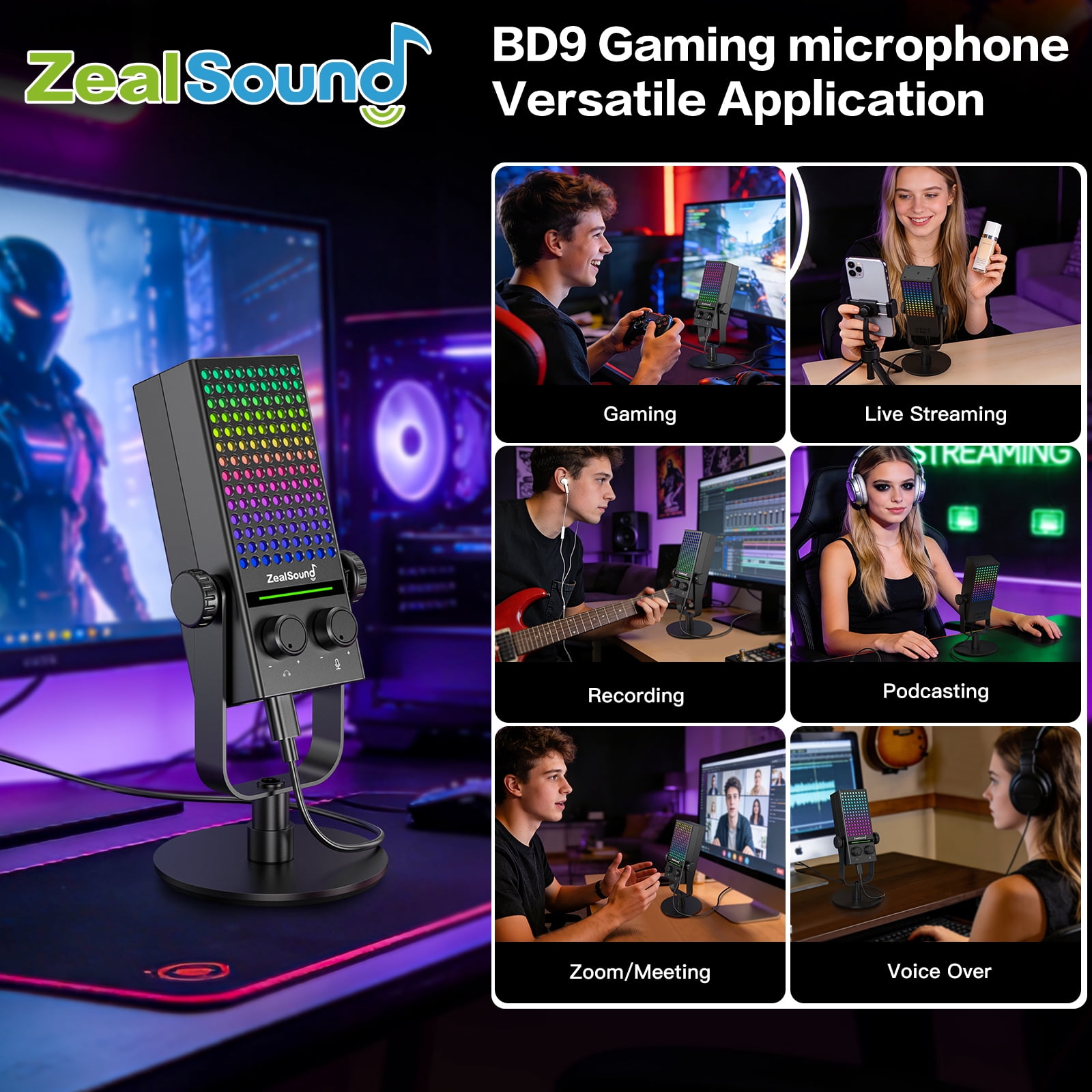 ZealSound Gaming Microphone for Xbox, PC & Mac, Noise Cancellation Streaming Mic with One Tap Mute, RGB Lighting, Monitoring, Gain Control, Condenser Mic for iPhone, Computer, Podcast, Gamer, YouTube