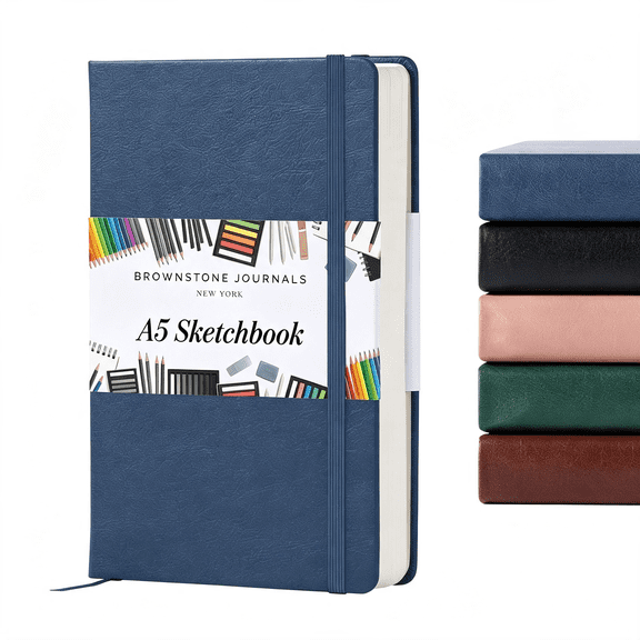CCOCC A5 Sketch Book Hardcover-80 Sheets 100 Gsm Paper 5"X8",Lay Flat,Vegan Leather Cover,Elastic Band,Back Pocket,Art Drawing Book (A5 Sketchbook Symphony Blue)