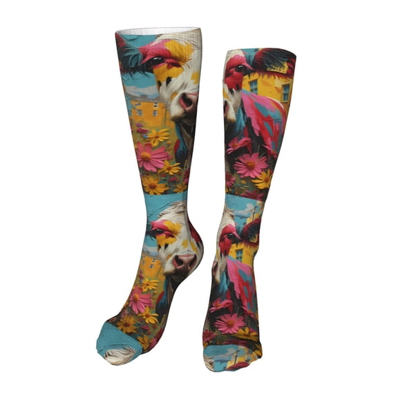 KLL Yellow Daisy Cow Print Cool Socks Men's Women's Crew Socks Funny Crazy Novelty Stockings