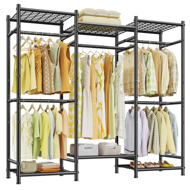 Exenoray 66.5" Heavy Duty Metal Closet Organizer, 650lbs Capacity Freestanding Wardrobe with 5 Hanging Rods, Adjustable Shelves & Anti-Tip Kit, Black