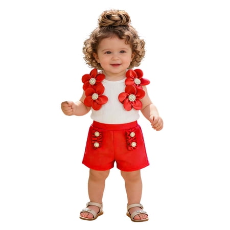 Sjldqy Girls Summer Outfit Breathable Sweeet Ribbed Floral Print Sleeveless Tank Top Pull On Shorts Girls 2 Piece Set Size 12-18 Months Red