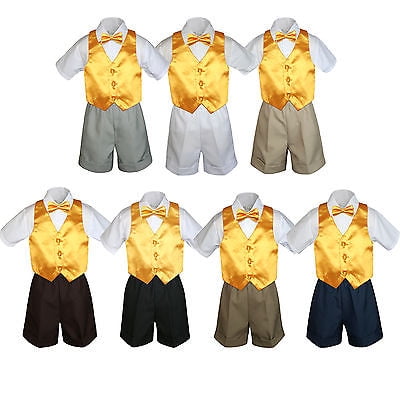 

4pc Set Boy Toddler Formal Yellow Vest and Bow tie White Black Khaki Shorts S-4T