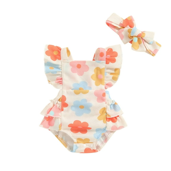 Aojekbee Baby Girls Summer Romper Flying Sleeve Tiered Ruffle Floral Romper with Headband