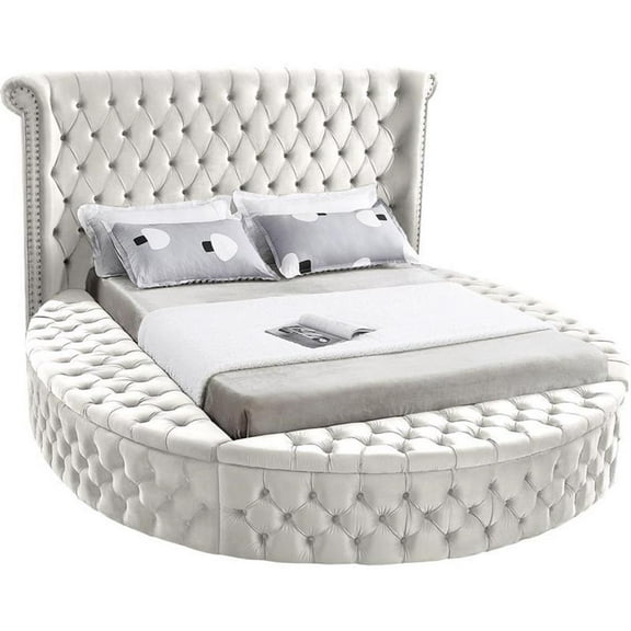 Pemberly Row Modern Cream Velvet Queen Round Bed - 93.75"W x 100.5"D x 56"H