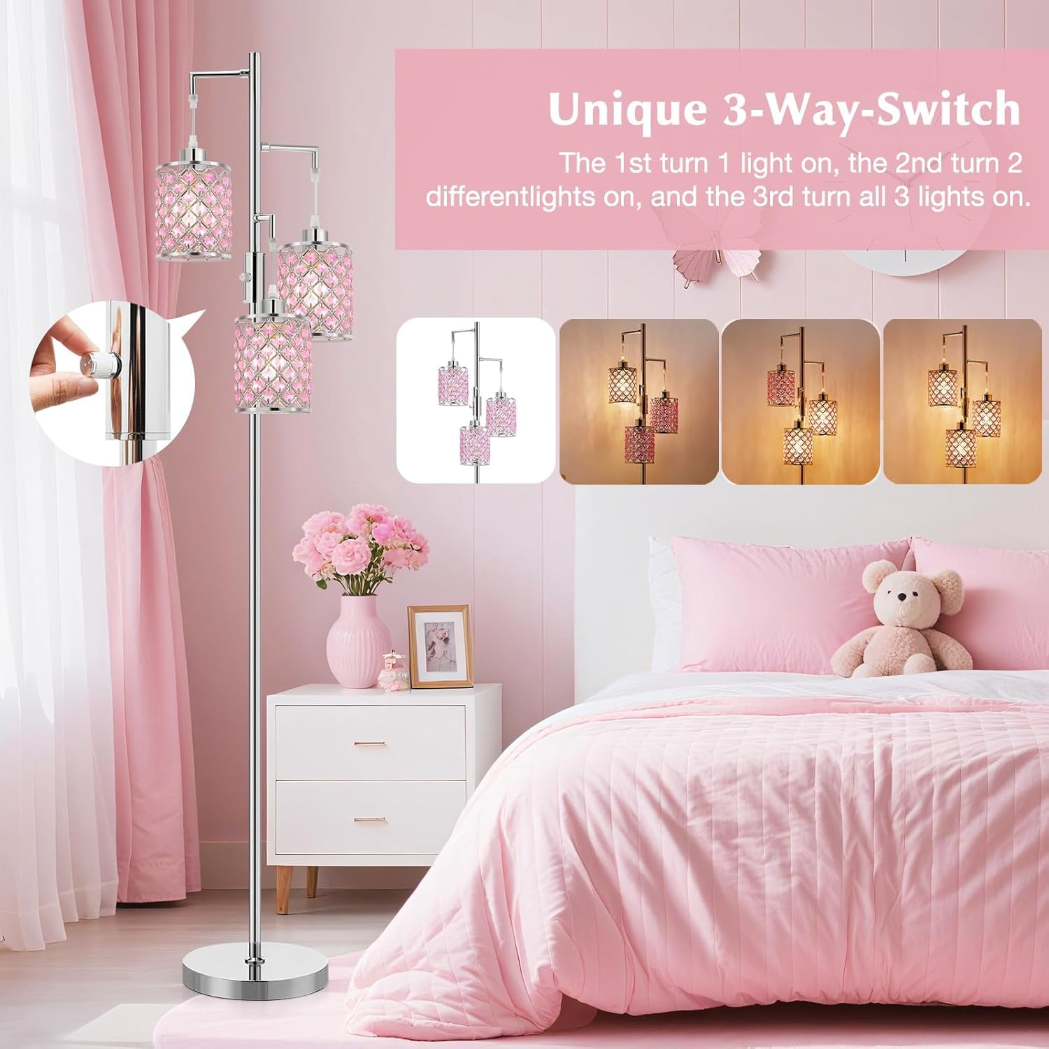 NATYSWAN Morden Gold Crystal Floor Lamps for Living Room, 3-Light Standing Tall Lamp with Elegant K9 Crystal Shade & Rotary Switch, Modern Corner Lamp for, Bedroom,Office