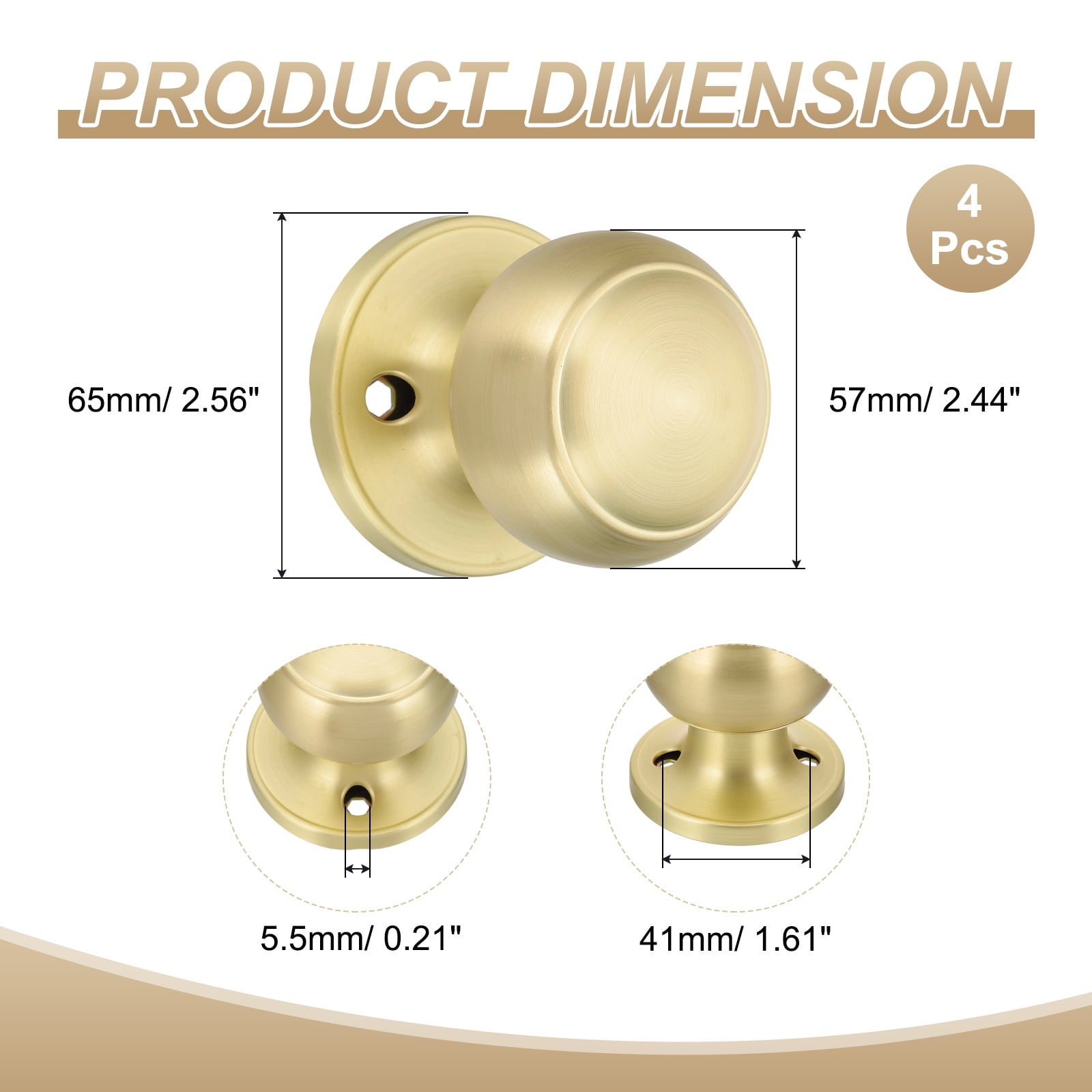 4 Pcs Dummy Door Handles Round Stainless Steel Door Knobs Non-Turning Side Knob Gold