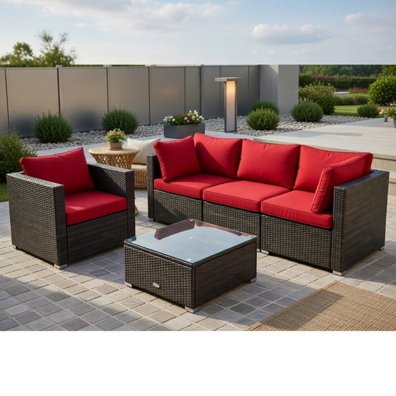 Topcobe 5 Pieces Cushioned Patio Rattan Furniture Set with Glass Table, Outdoor Patio Furniture for Garden Backyard-Red