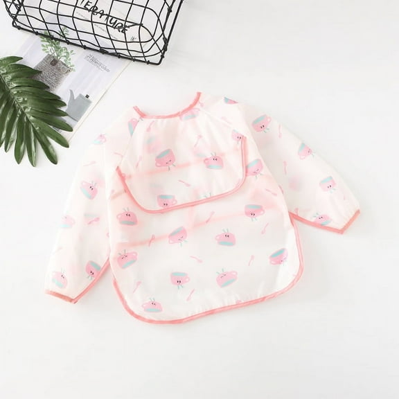 Baby Waterproof Bibs Long Sleeve Pocket Infant Cute Colorful Cartoon Printing Feeding Burp Cloths Baby Eating Accessories (L (42-54m),Pink Cup)