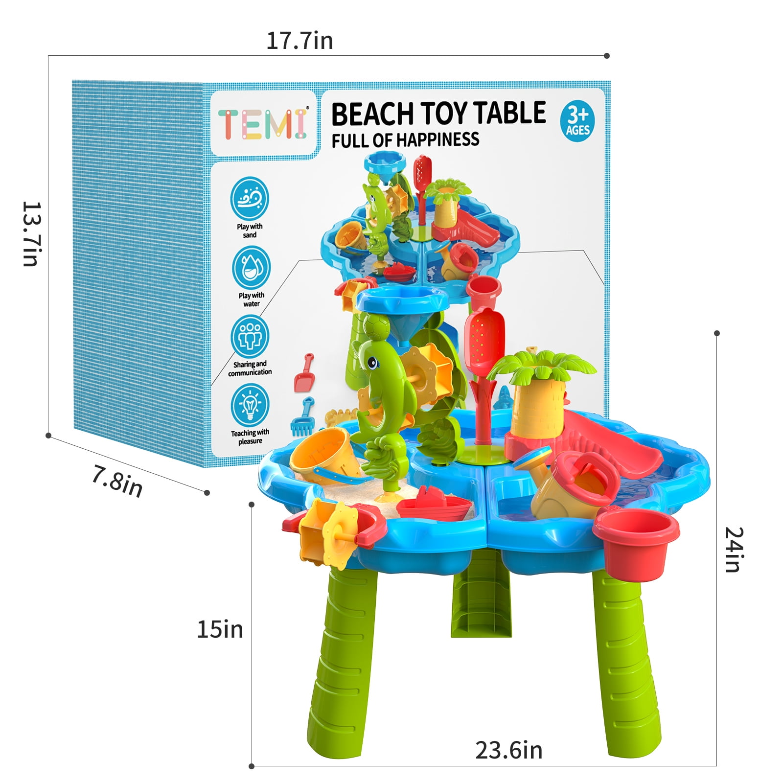 3-in-1 Sand Water Table, 28PCS Kids Beach Summer Toys Sensory Play Table with Dolphin Water Wheel, Molds, Bucket, Shovel for Toddlers Boys Girls