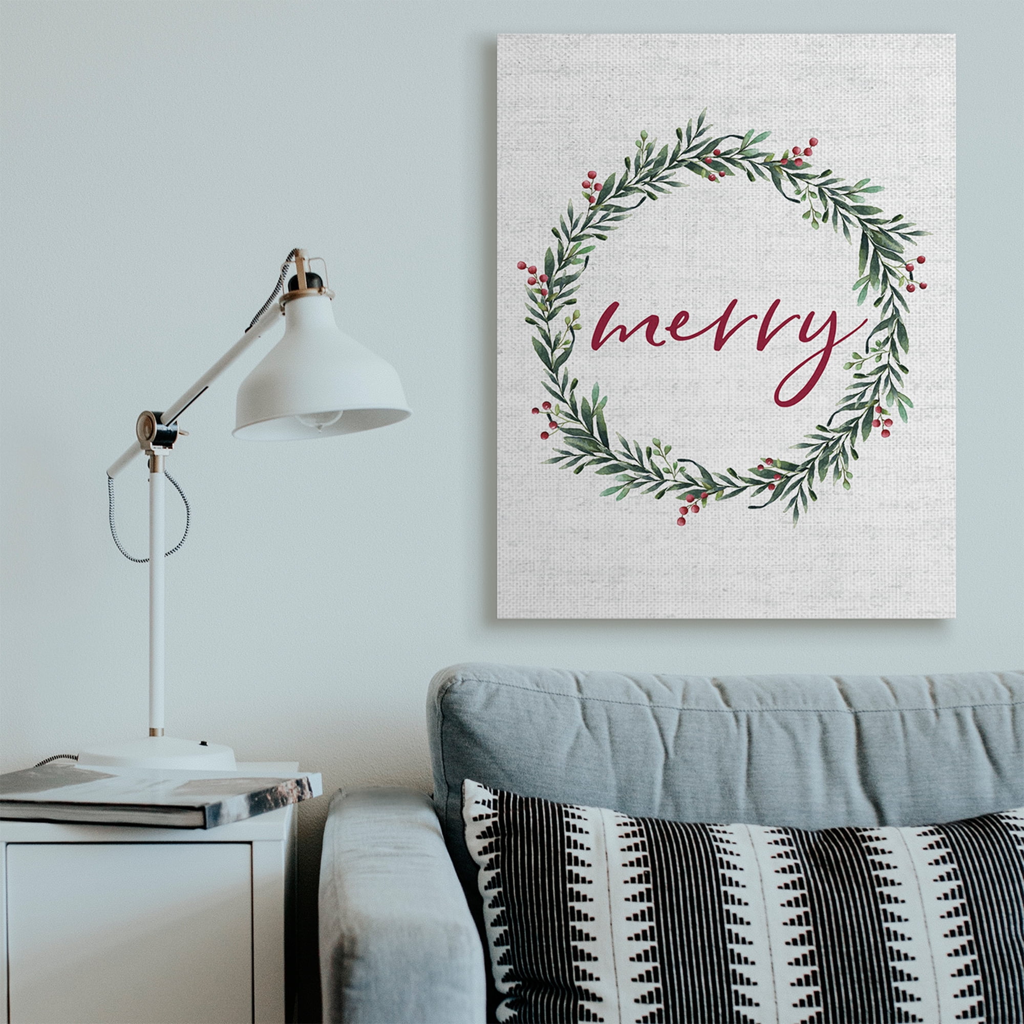 Stupell Industries Red Merry Text Festive Country Holiday Wreath Holiday Painting Gallery Wrapped Canvas Art Print Wall Art, 36 x 48