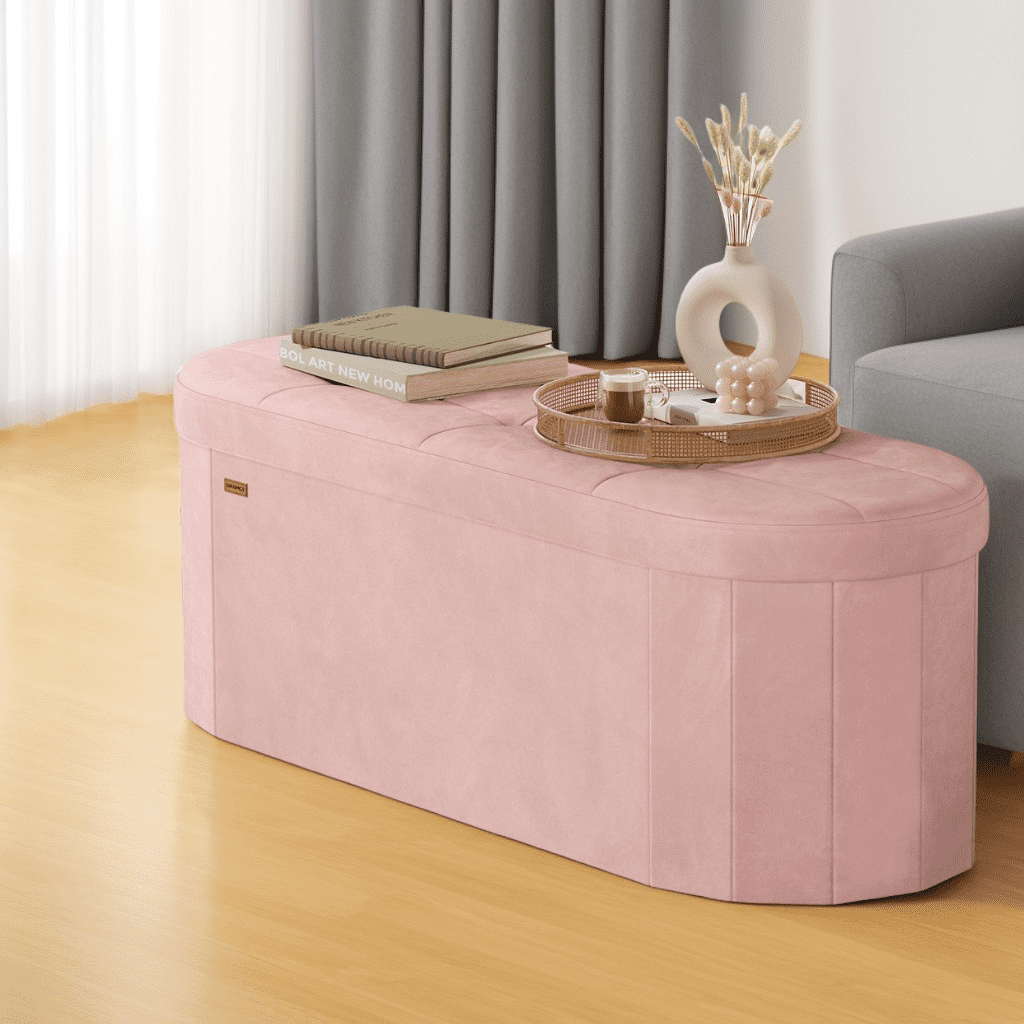 LEDREM 43" Foldable Storage Ottoman Bench, Velvet Fabric Ottoman with 2 Internal Dividers, Footrest for Bedroom Living Room
