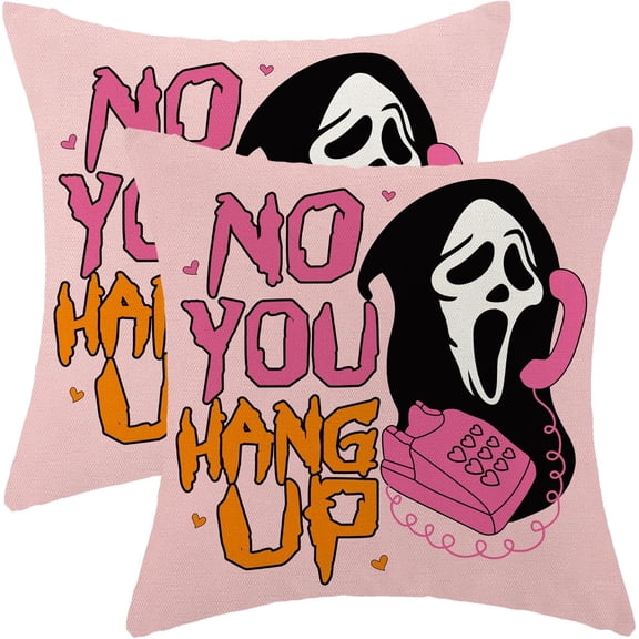 Halloween Pillow Covers 18x18 Set of 2, No You Hang Up Horror Ghost Face Halloween Decorative Throw Pillows Linen Pink Halloween Cushion Covers for Sofa Couch Outdoor Home Decor