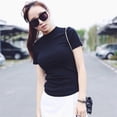 thumbnail image 1 of JANDEL Women Summer Half High Collar Solid Color Loose Short Sleeve Casual T-Shirt Simple Wild Tops, Black L, 1 of 6