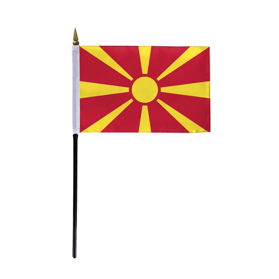 AGAS Macedonia Flag 4x6 inch - 11" Plastic Pole 100% Polyester Stitched Edges Macedonian National Mini Flag on a Stick