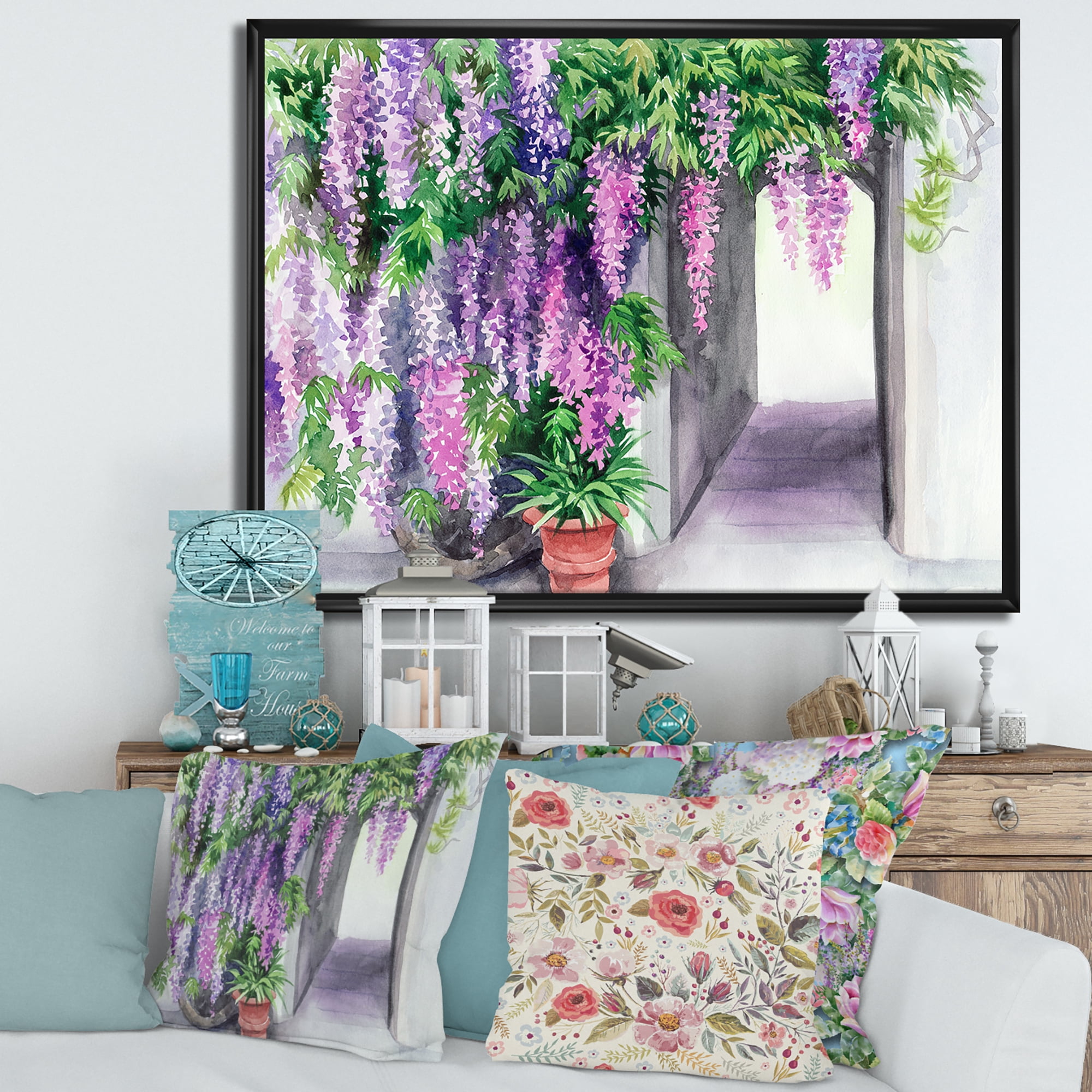 Purple Wisteria Blossom 20 in x 12 in Framed Painting Canvas Art Print, by Designart