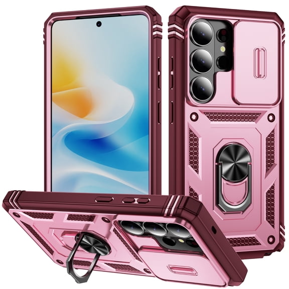 for Samsung Galaxy S26 3-in-1 Phone Case with Slide Camera Cover, Build in 360° Rotating Ring Stand, Military Grade Protective Shockproof Heavy Duty Phone Case for Samsung Galaxy S26,B