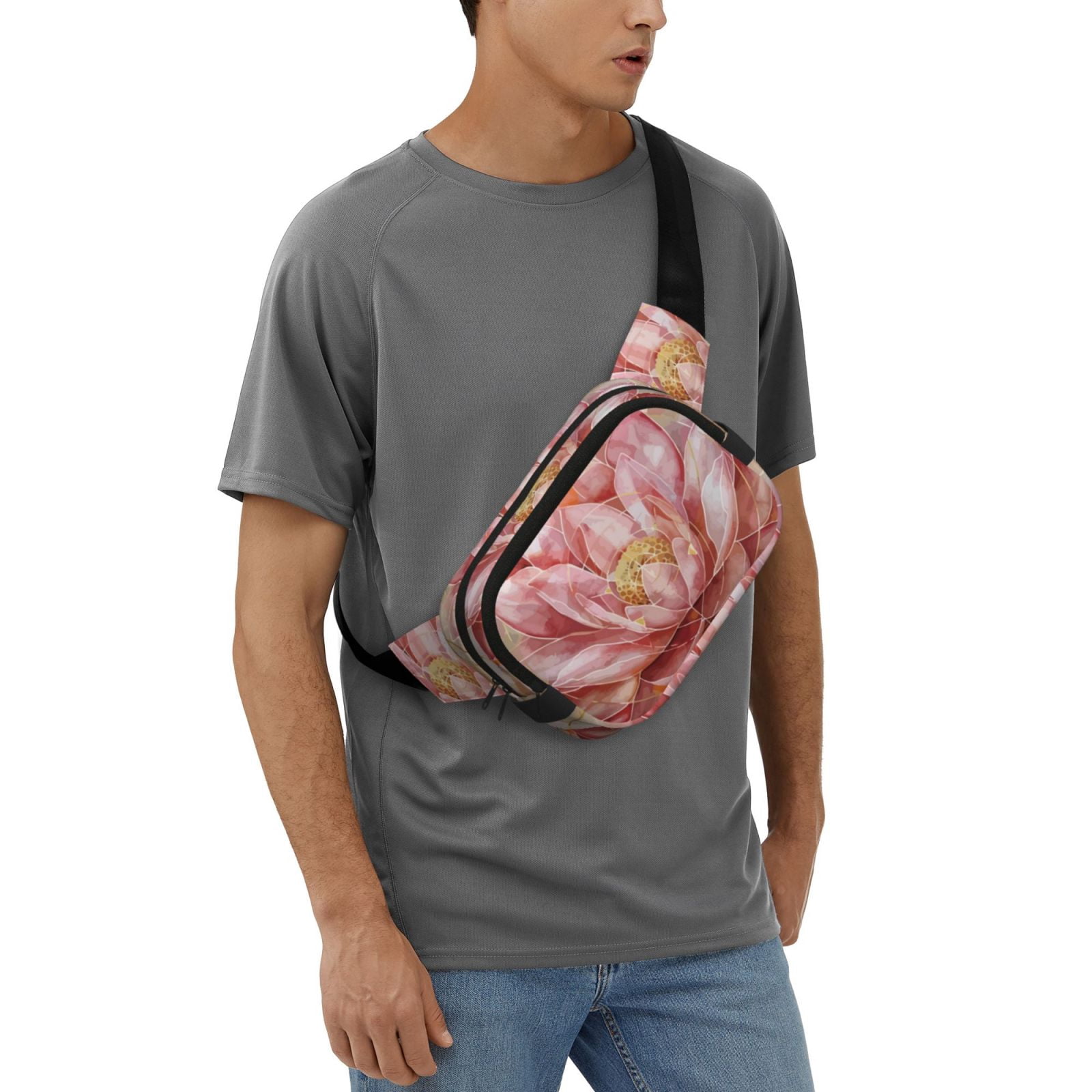 Picia Pink Lotus Print Square Double-Layer Waist Bag Mini Adjustable Waist Belt Bag Exercise Running Travel Hiking