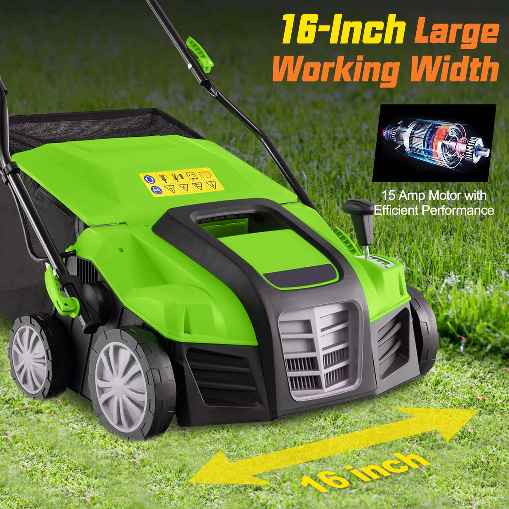 Costway 16-Inch Electric Dethatcher & Scarifier 15A 2-In-1 Lawn Dethatcher Green