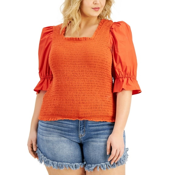 INC International Concepts Plus Size Puff Sleeve Smocked Top Summer Fig 1X