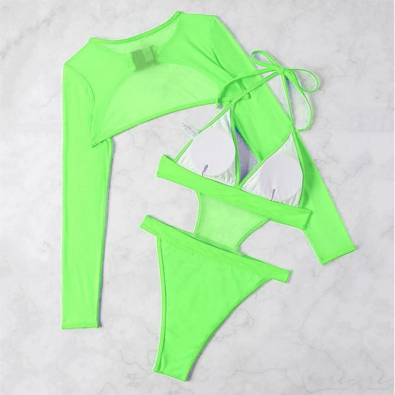 2 Piece Women Rave Outfits Neon Bodysuit Crop Top Long Sleeve Mesh With Buckle For Festival Club Party
