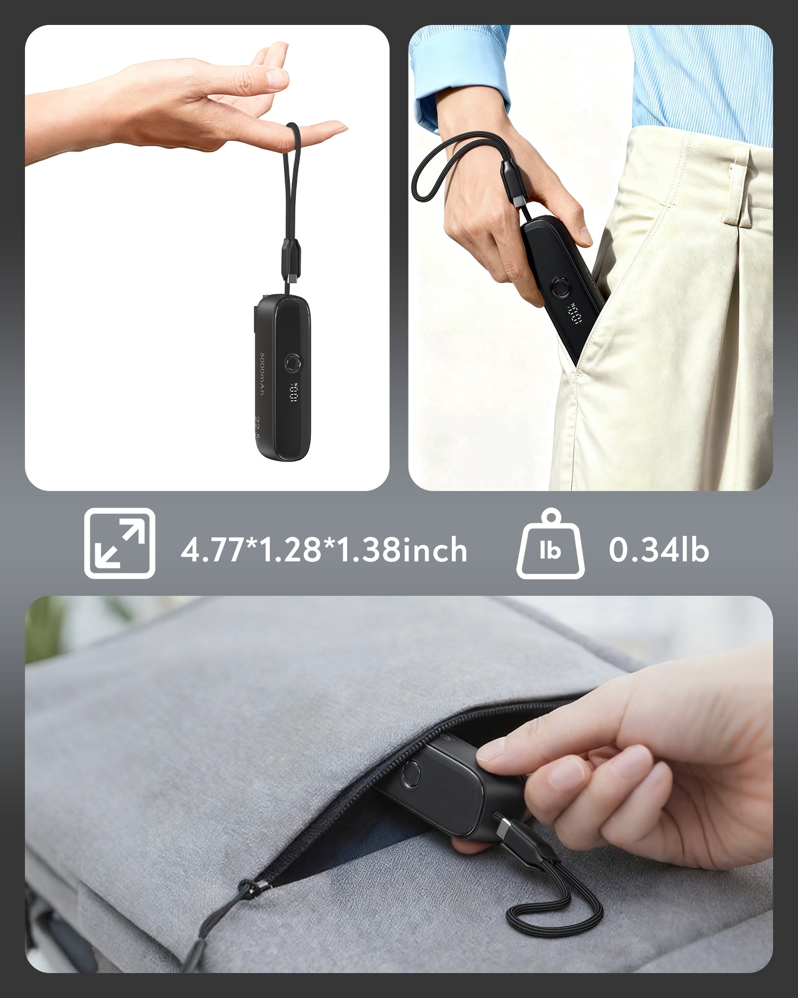 TOPADRE 22.5W Power Bank, 5000mAh Portable Charger with Built-in USB-C Cable, Foldable Plug, Dual Type-C Ports, Black