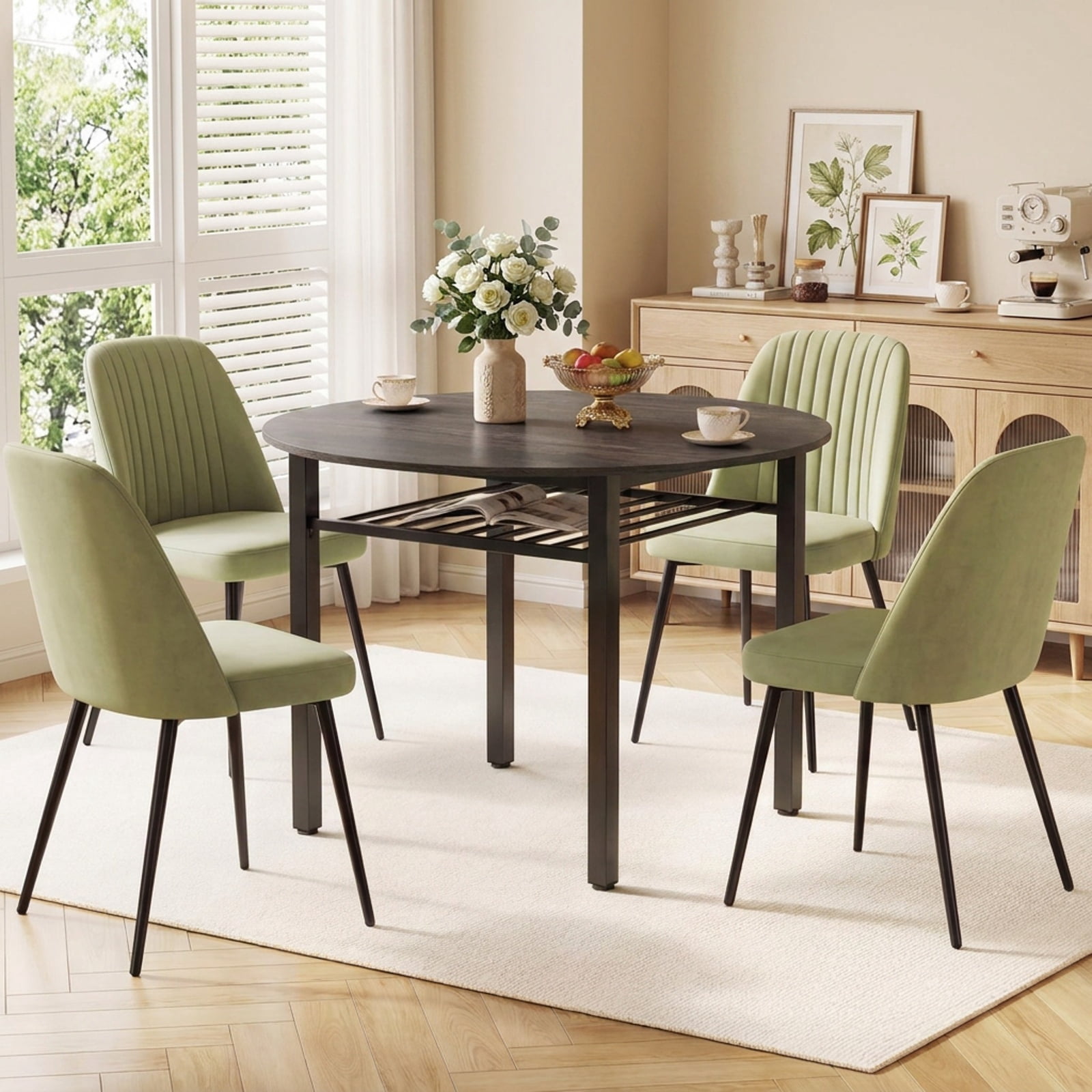 Furnibear 40 Inch Round Kitchen Dining Table with Storage Shelf and Metal Frame