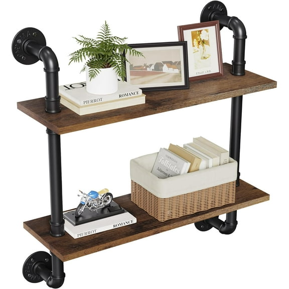 24" Industrial Floating Shelves, Pipe Shelves for Wall, 2 Tier Rustic Wood Wall Shelves for Home Décor, Bedroom, Living Room, Bathroom
