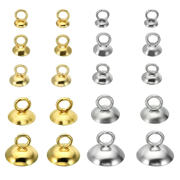 Bead Caps, 100 Pcs Bead Cap Bail Pendant Stainless Steel Ornament Caps with Loop for Jewelry Making, Gold Silver