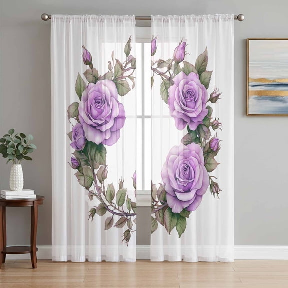Purple Rose Sheer Curtains 72 Inch Length 2 Panels Set, Spring Flower Watercolor Modern Floral Leaf Voile Window Treatment Rod Pocket Curtains Sheers Drapes for Bedroom/Living Room/Kitchen 52"x72"x2