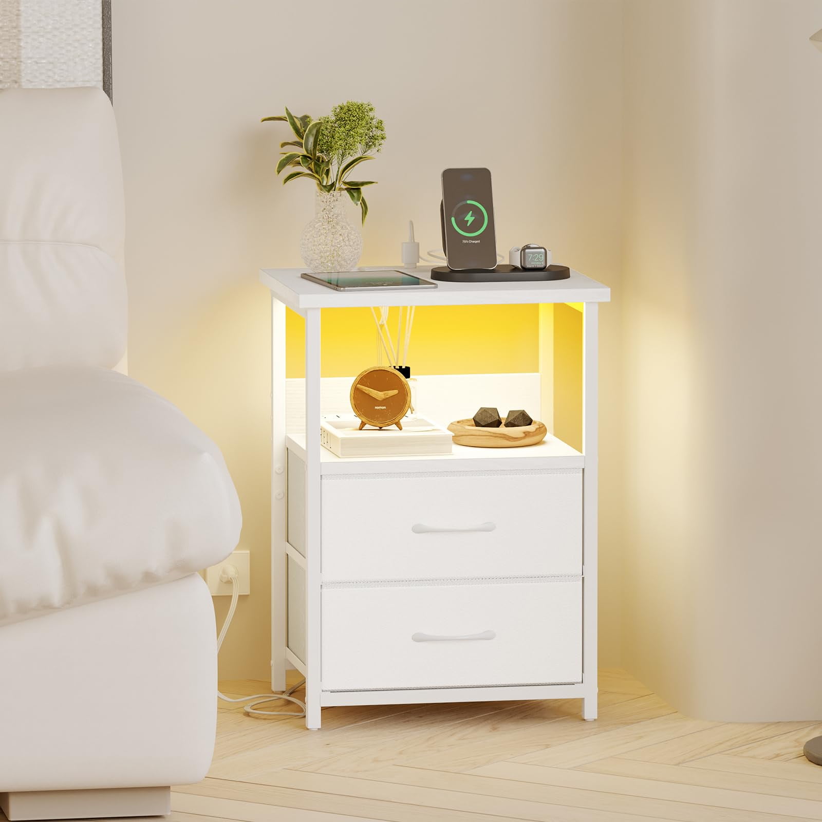 Tomnk Nightstands Set of 2, Bed Side Table with Charging Station, LED Night Stand with 2 Fabric Drawers, White