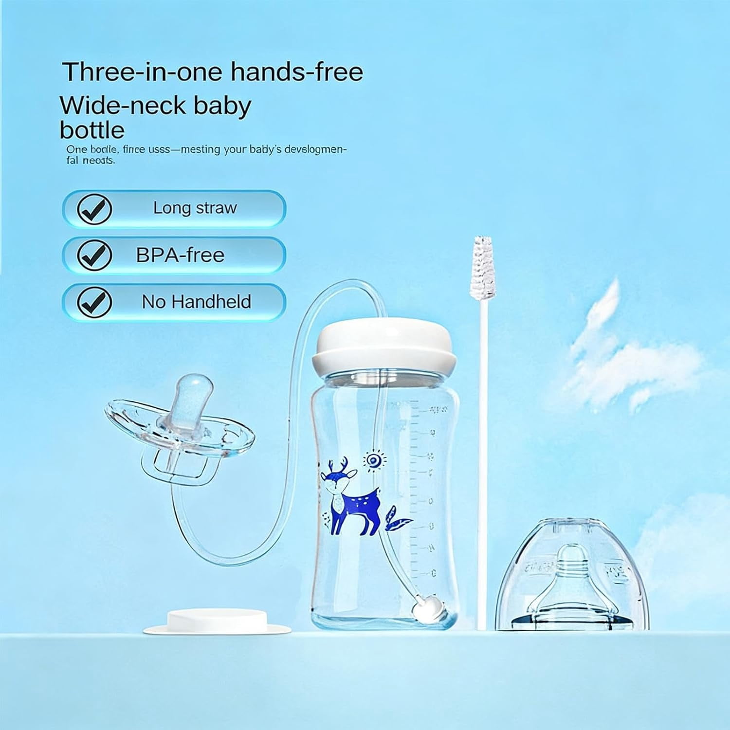 Baby Bottle, 10oz Self Feeding Silicone Pacifier Bottle with Nipple Straw, Anti-Colic Leakproof Infant Feeder for Travel and Home, (2 Pack)