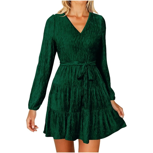 Ltctricy Robe en Velours pour Femmes à Manches Longues Lanterne, Col en V, à Étages, Fluide, Ligne A, Mini, Courte, Robe de Cocktail (Vert, Très Grand)