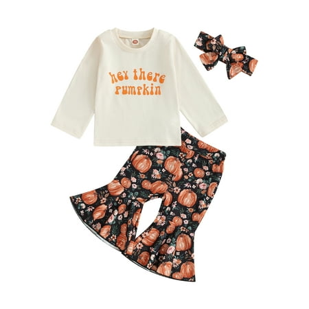 

Emmababy Girls Pumpkin Print Flared Pants Headband Sets with Letter Print Tops