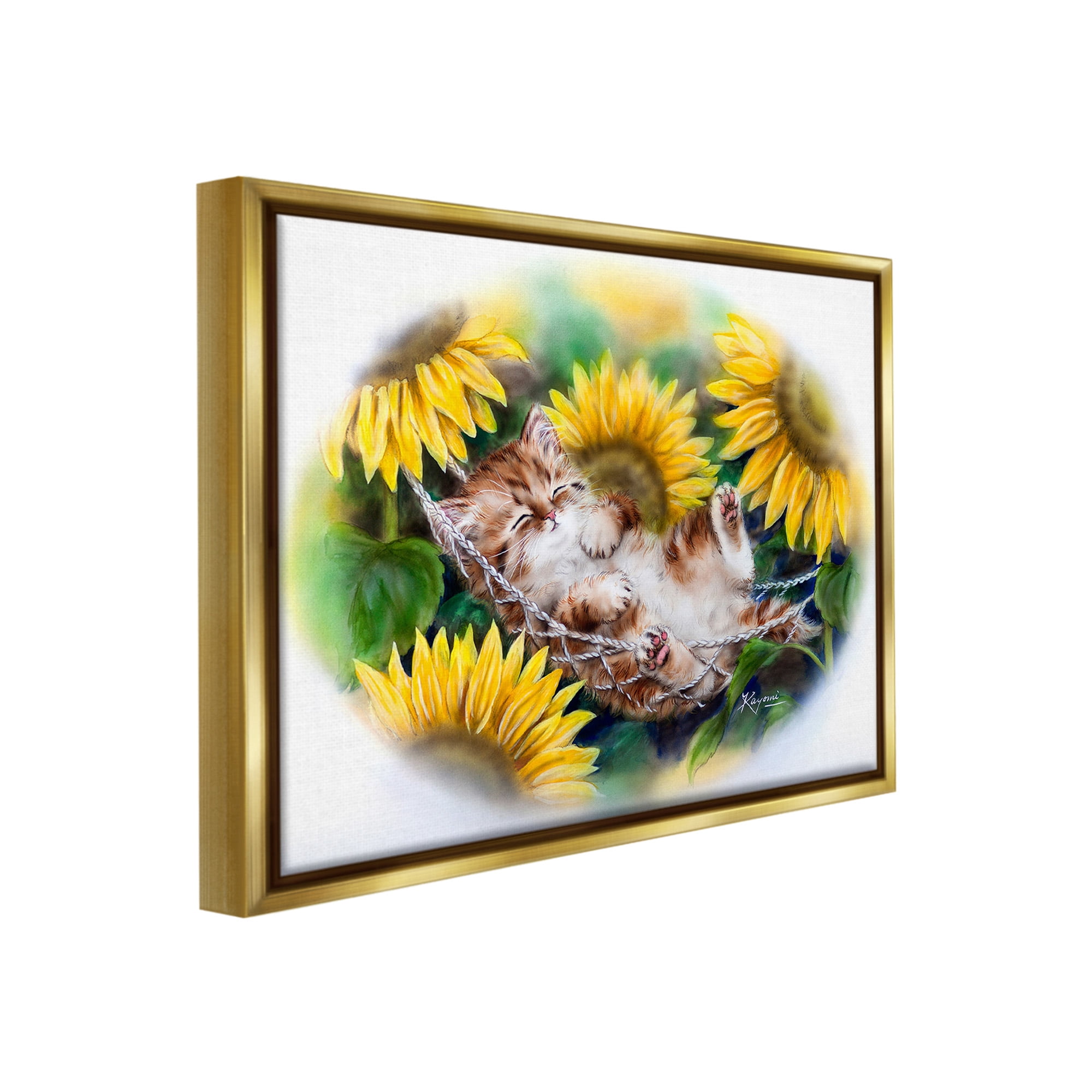 Stupell Industries Kitten Asleep with Sunflowers Animals & Insects Painting Gold Floater Framed Canvas Art Print Wall Art, 31 x 25