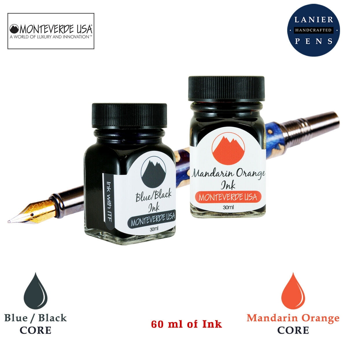 Monteverde 60ml Core Fountain Pen Ink Bottle (30ml Blue/Black Ink Bottle G309BB, 30ml Mandarin Orange Ink Bottle G309MO)